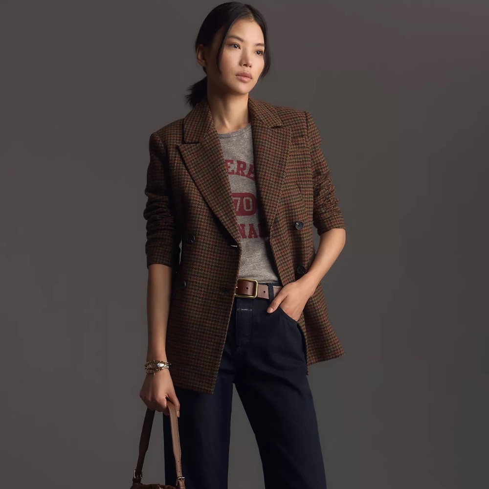 NWT Avec Les Filles  Hourglass Brown Houndstooth Double-Breasted Blazer